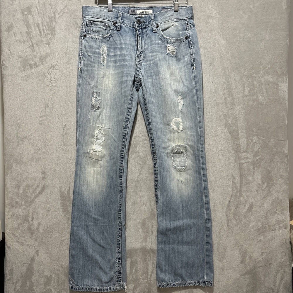 BKE Buckle Carter Distressed Boot Leg Jeans Mens Blue Faded‎ Wash Denim Size 32L